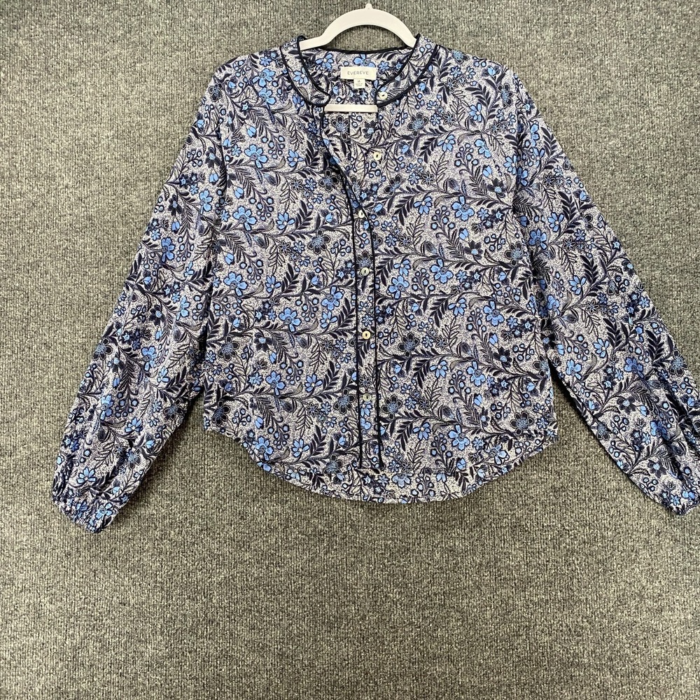 Evereve Blouse Top Womens M Blue Floral Button‎ Up Boho Peasant Cottagecore Farm